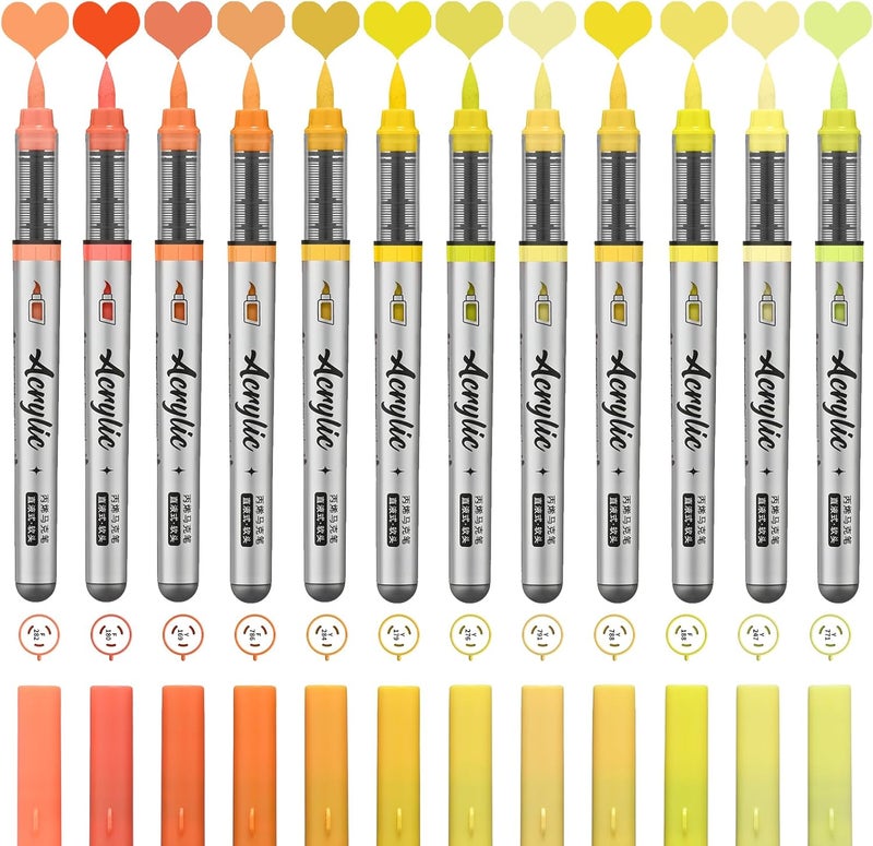 ZZWUAPT Yellow Orange Acrylic Paint Pens,12 Color Paint Pen Markers,Artist Brush Tip Paint Pens for Adult Painting Art Supplies - Image 2